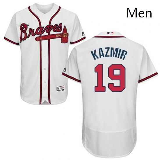 Mens Majestic Atlanta Braves 19 Scott Kazmir White Home Flex Base Authentic Collection MLB Jersey